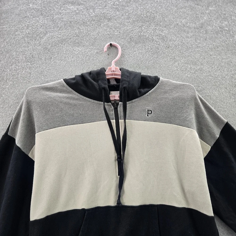 PINK Victoria's Secret Women‎ Hoodie L Black Cropped Colorblock Logo Long Sleeve